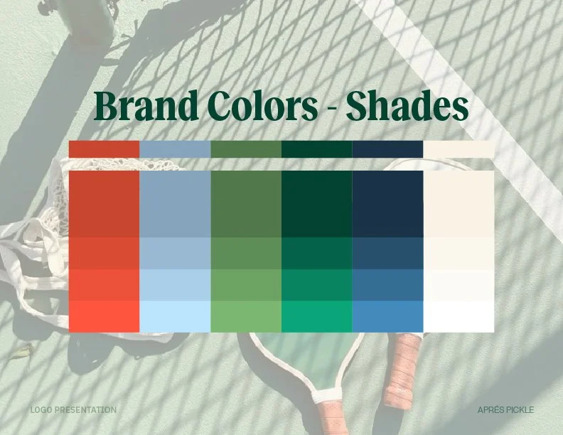 A color palette titled 'Brand Colors - Shades' displaying a row of red, blue, green, navy, and beige color swatches.