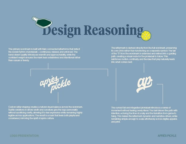 An infographic titled 'Design Reasoning' with text blocks, icons including a paintbrush and a ball, and design explanations on a blue background.