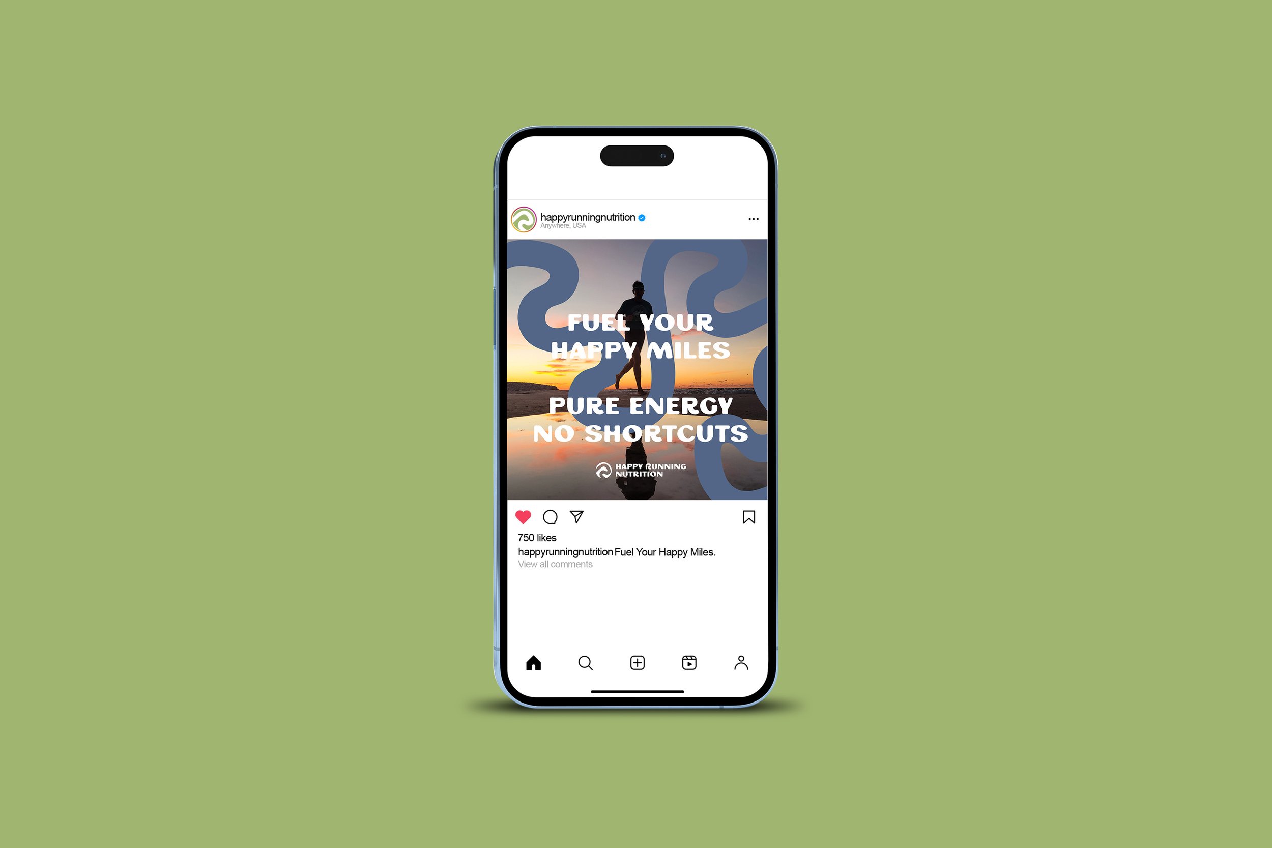 Instagram post on a smartphone screen with a silhouette of a person jogging at sunset, overlaid with text 'Fuel Your Happy Miles, Pure Energy, No Shortcuts', promoting a fitness and nutrition brand.