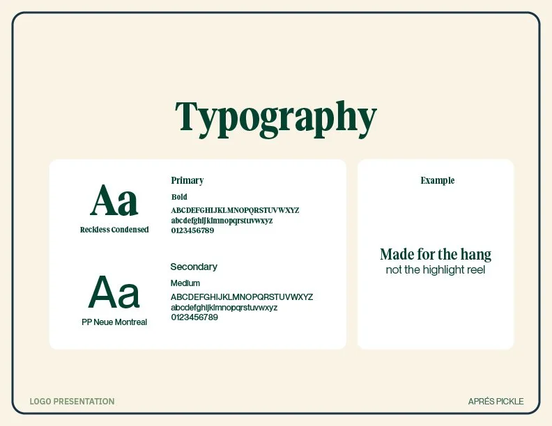 A presentation slide about typography with information on primary and secondary fonts, including font names Reckless Condensed and PP Neue Montreal, and example text.