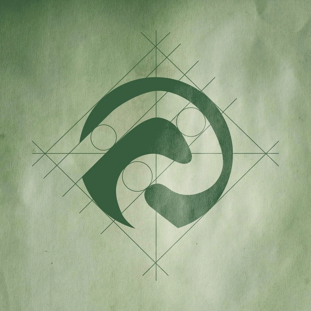 Abstract geometric design with green shades, featuring a central circular element, triangles, and intersecting lines on a textured green background.