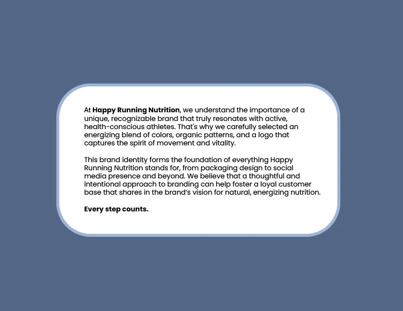 A digital graphic with a speech bubble containing text about Happy Running Nutrition, emphasizing brand recognition and branding principles, set against a blue background.