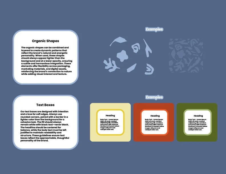 Illustration of organic shapes, with a legend labeled 'Examples' at the top, and three text boxes below titled 'Heading' each containing placeholder text in different colored backgrounds: yellow, red, and green. The layout is on a dark blue background with description boxes on the left side explaining organic shapes and text boxes.