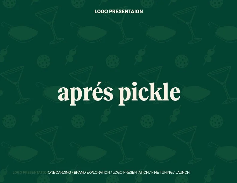 Green background with abstract cocktail and pickle illustrations, white bold text 'aprés pickle', and smaller text 'LOGO PRESENTATION' at the top.