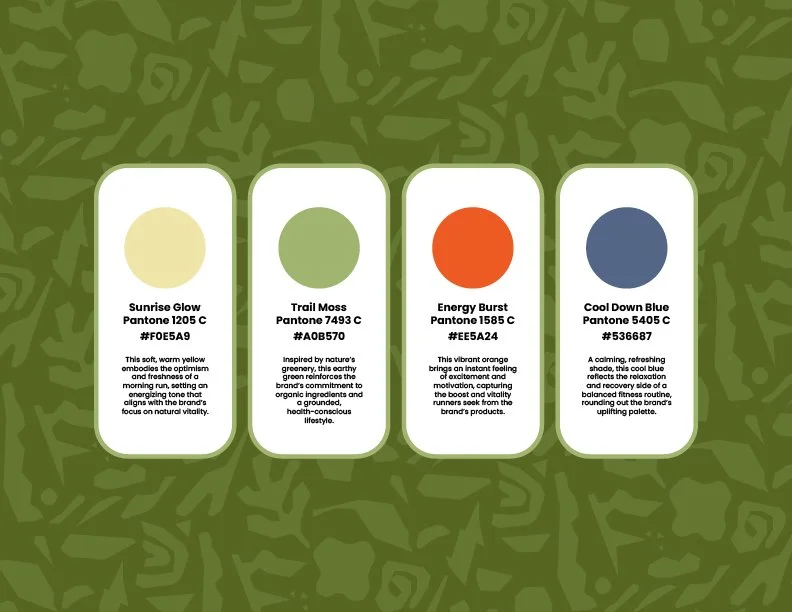 Color palette chart with four colors: Sunrise Glow, Trail Moss, Energy Burst, Cool Down Blue, each with a brief description.