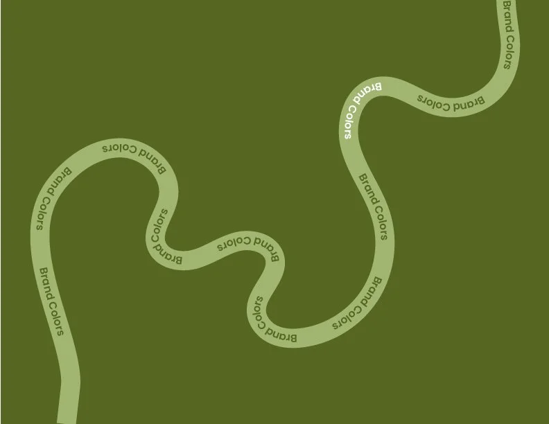 Green background with a winding light green line that has the words 'Brand Colors' repeated along it.