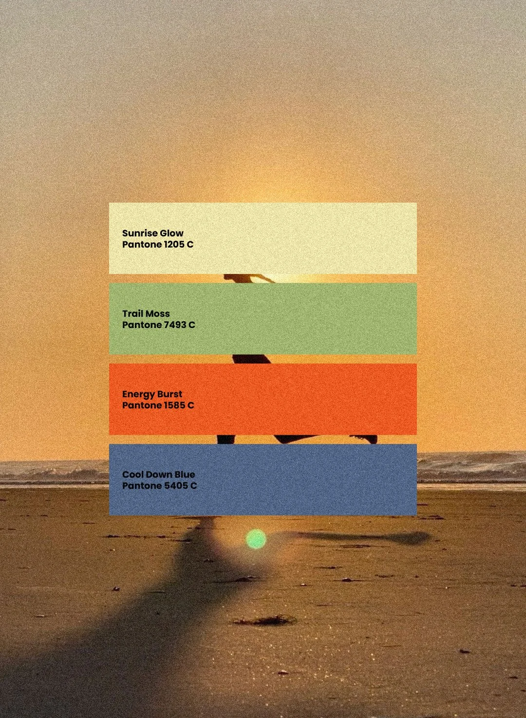 Color palette overlay on a sunset beach scene, featuring four color swatches labeled with names and Pantone codes: Sunrise Glow, Trail Moss, Energy Burst, and Cool Down Blue, from top to bottom.