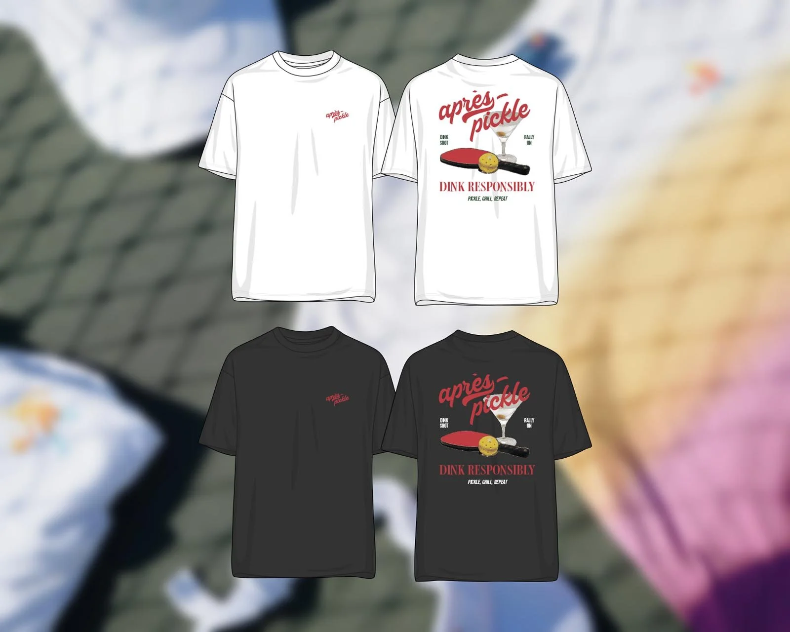 Four T-shirts, two white and two black, with pickle-themed graphics and text, featuring the phrase 'après-pickle' and slogans about responsible pickle eating.