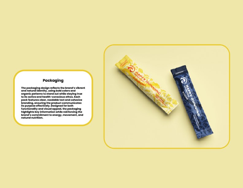 Two energy bars, one yellow and one blue, placed on a light yellow background. A white text box with black text titled 'Packaging' describes the packaging design and branding for the product.