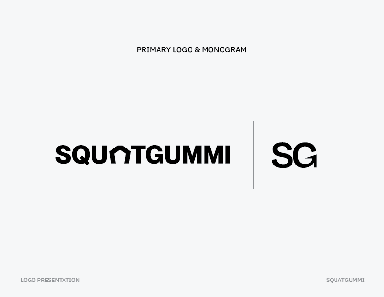 Logo design with the text 'SQUATGUMMI' in bold, black font, and the initials 'SG' on the right, separated by a vertical line, on a light gray background.