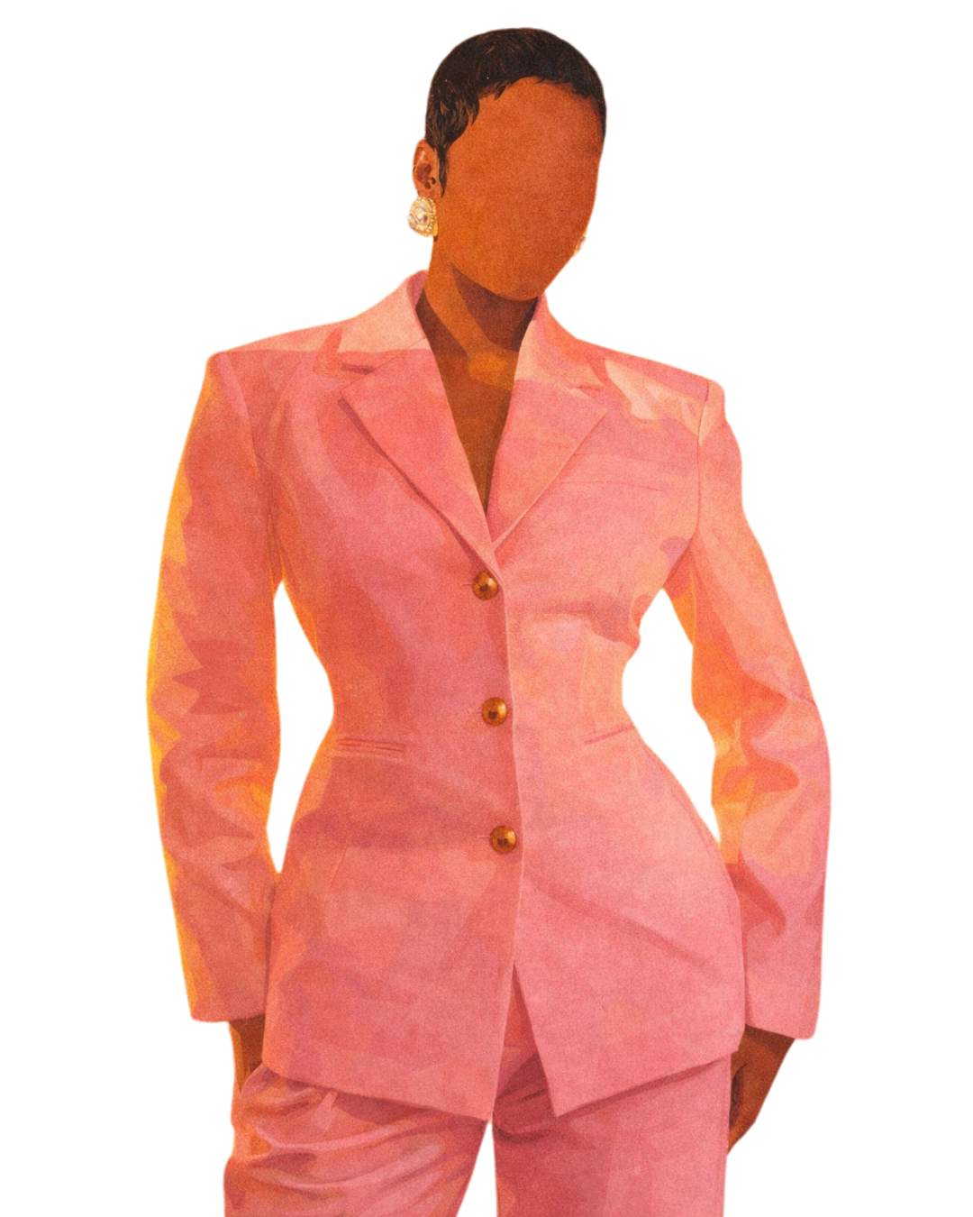Stylized faceless illustration of a confident woman wearing a pink tailored suit with gold buttons, short cropped hair, and round statement earrings, set against a dark background with a textured, painterly finish.