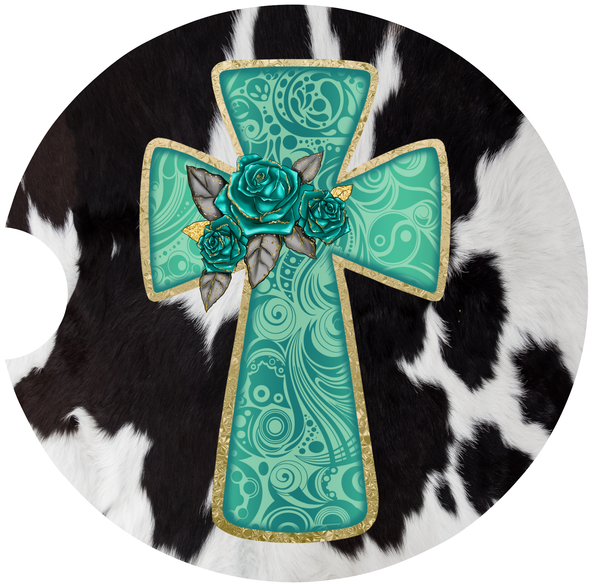 Teal Rose Cross Car Coaster Set