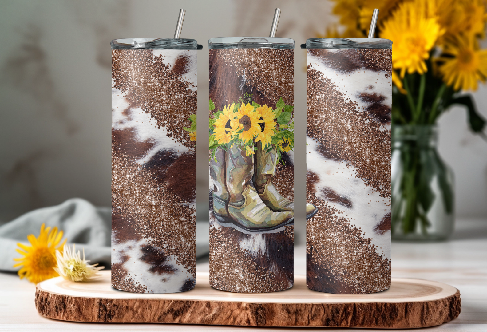 Sunflower Boots on Cowhide Tumbler