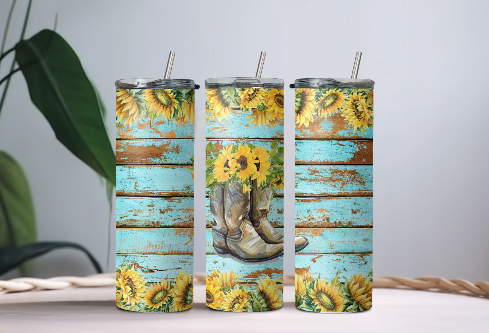 Sunflower Boots on Teal Wood Tumbler