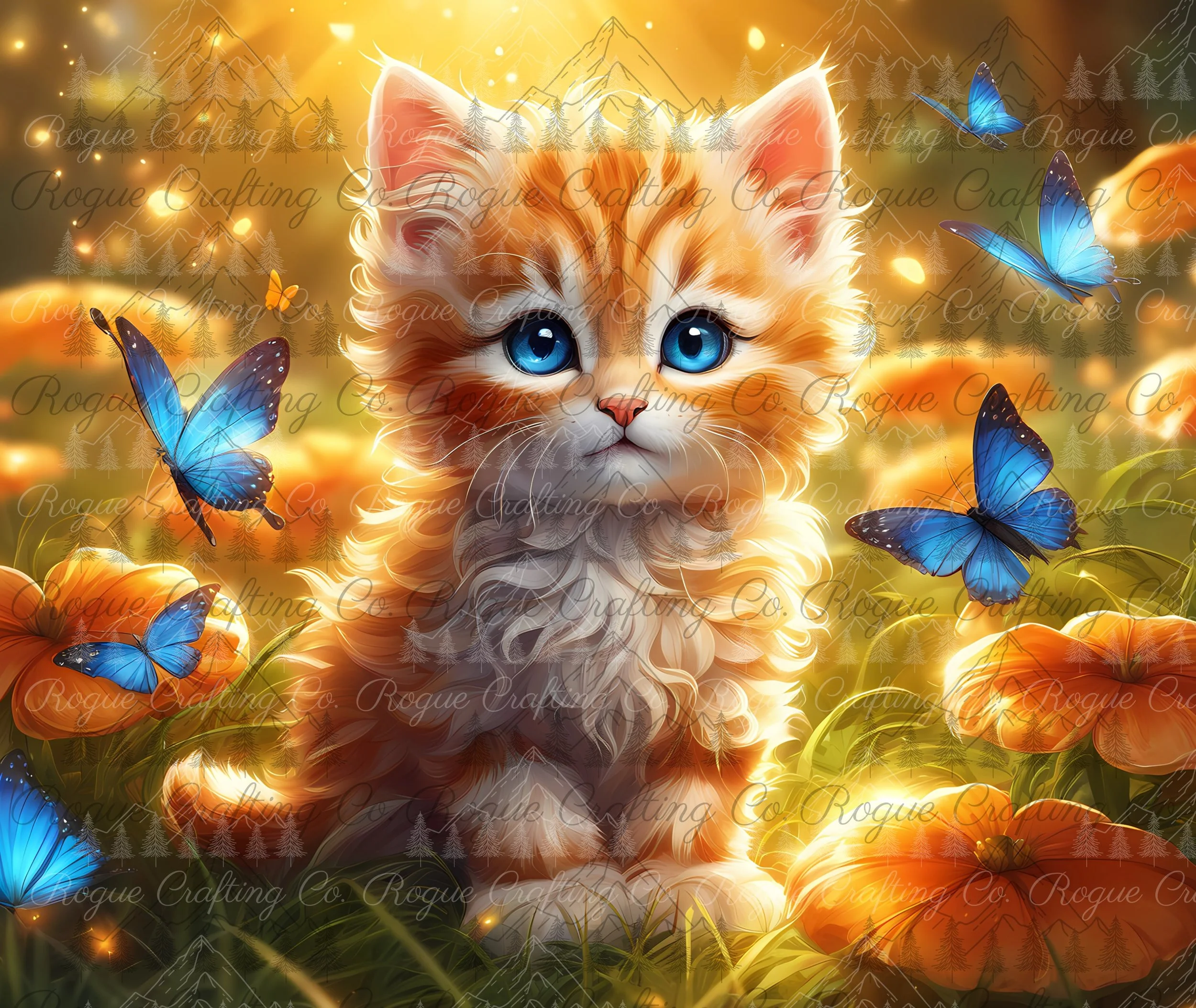 Golden Kitten & Blue Butterflies.jpg