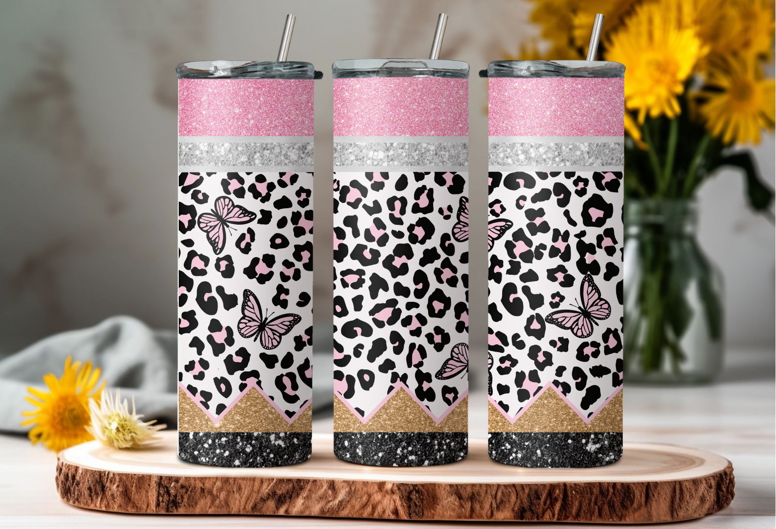 Pink Leopard Butterfly Pencil Tumbler