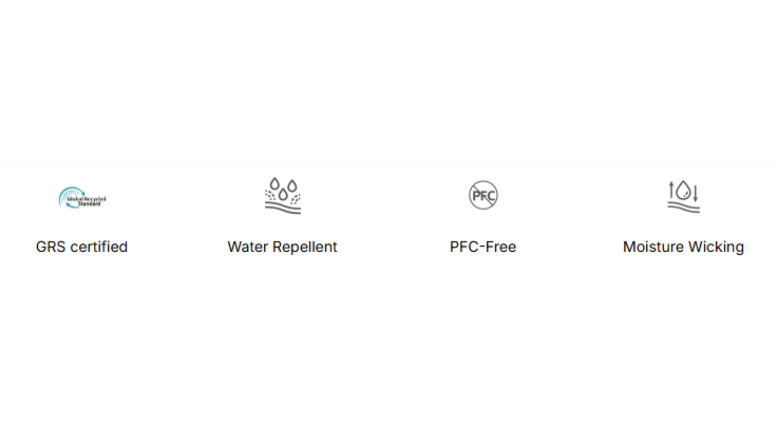 Certification and care labels with icons and text indicating GRS certification, water repellency, PFC-free status, and moisture wicking properties.