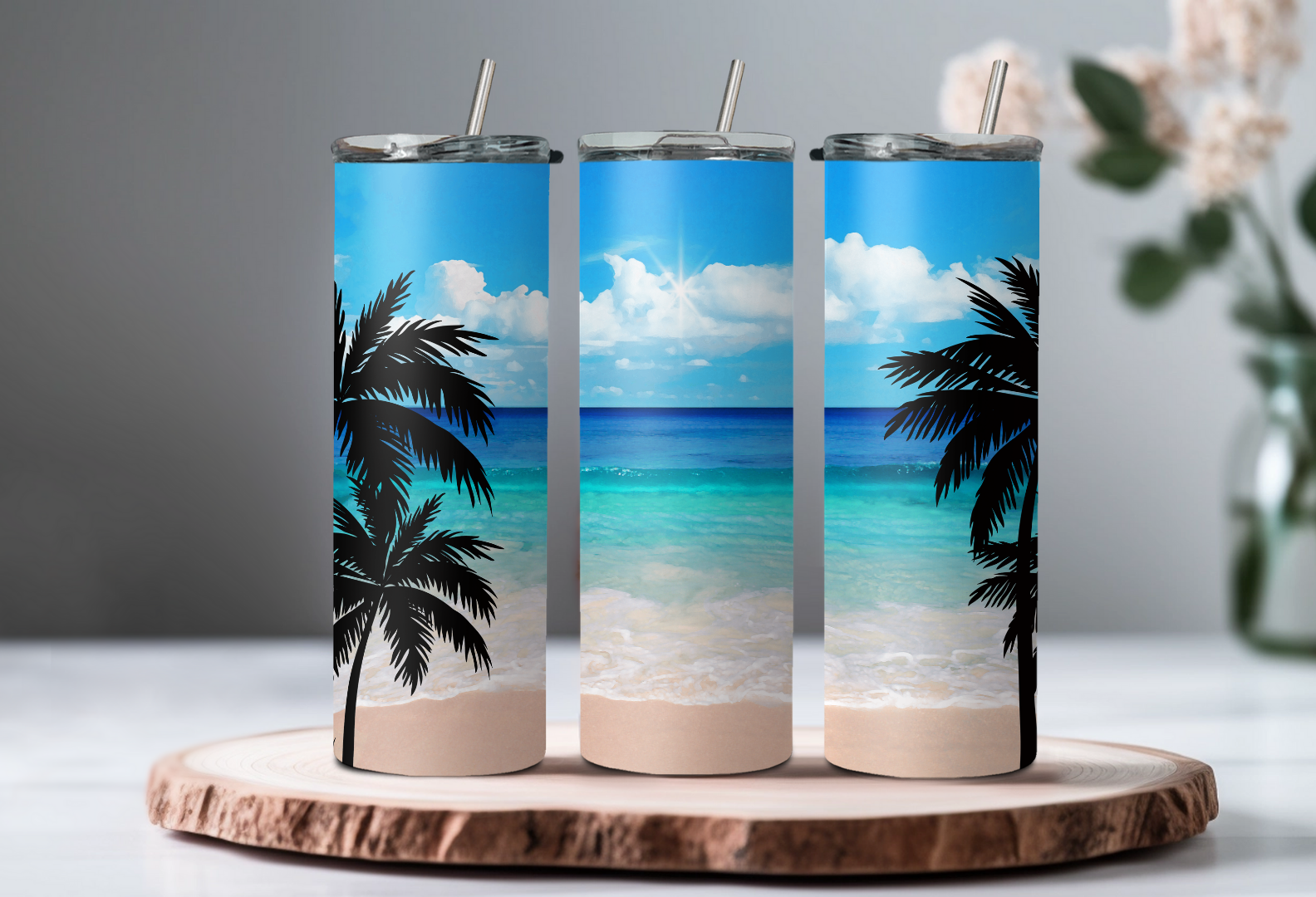 Beach with Palm Tree Silhouettes Tumbler