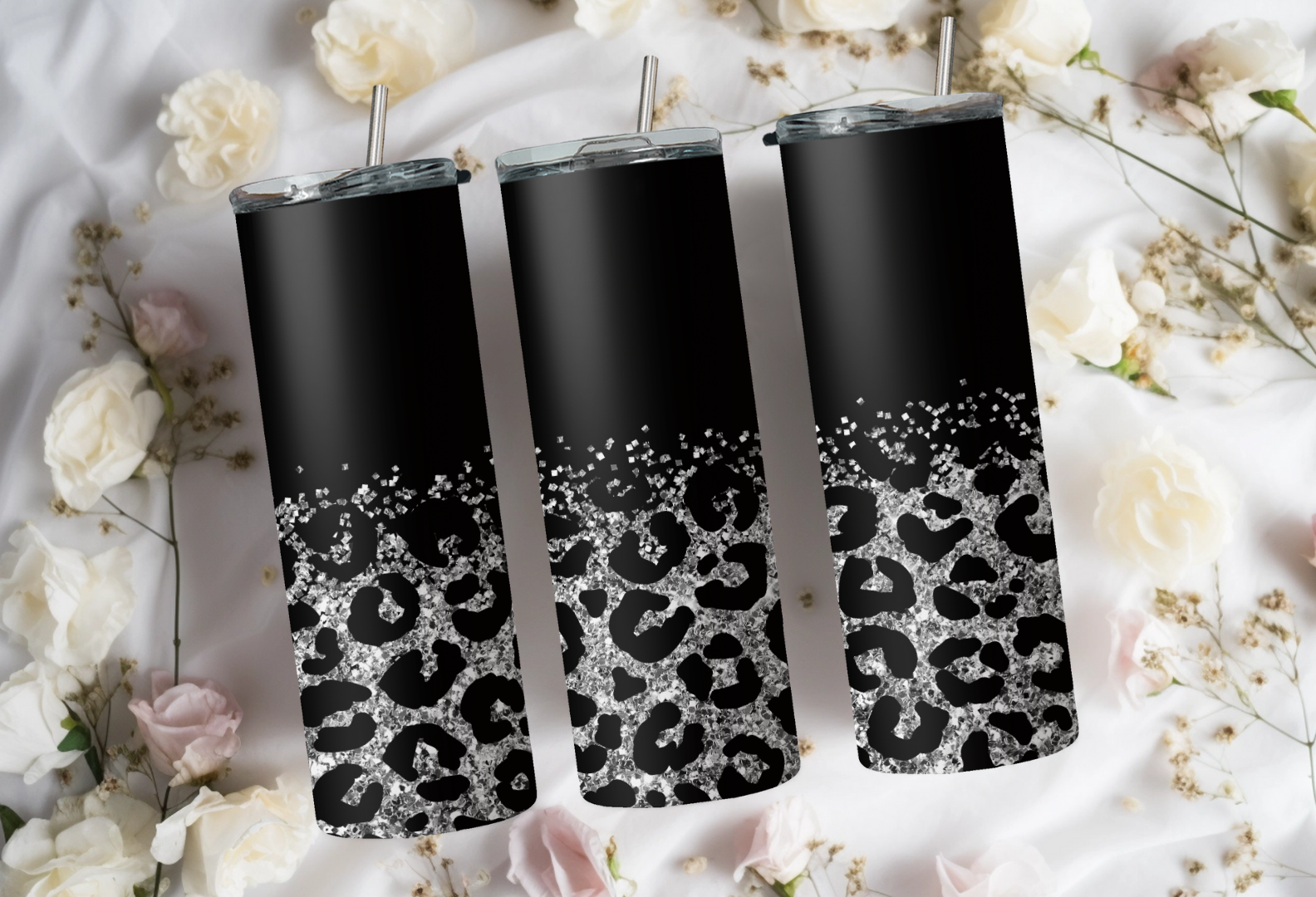 Half Black Half Silver Glitter Leopard Tumbler