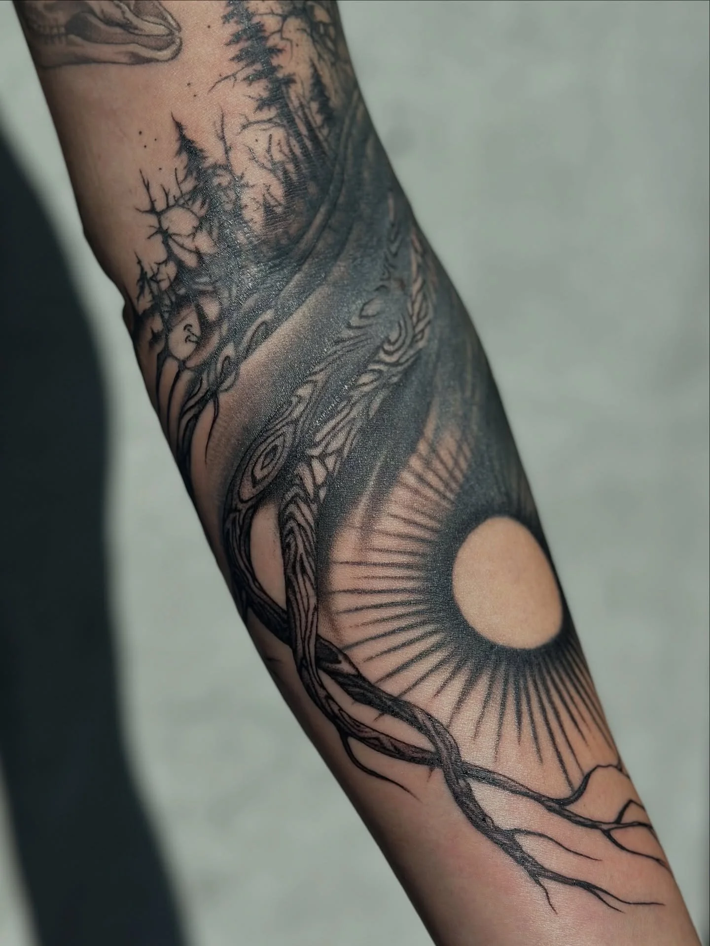 Cover up mission: adding nature x darkness 🖤🌊 Merci @jess_busque 🪄🌿 

#montrealtattoo #montrealtattooartist #naturetattoo #coveruptattoo #mountaintattoo