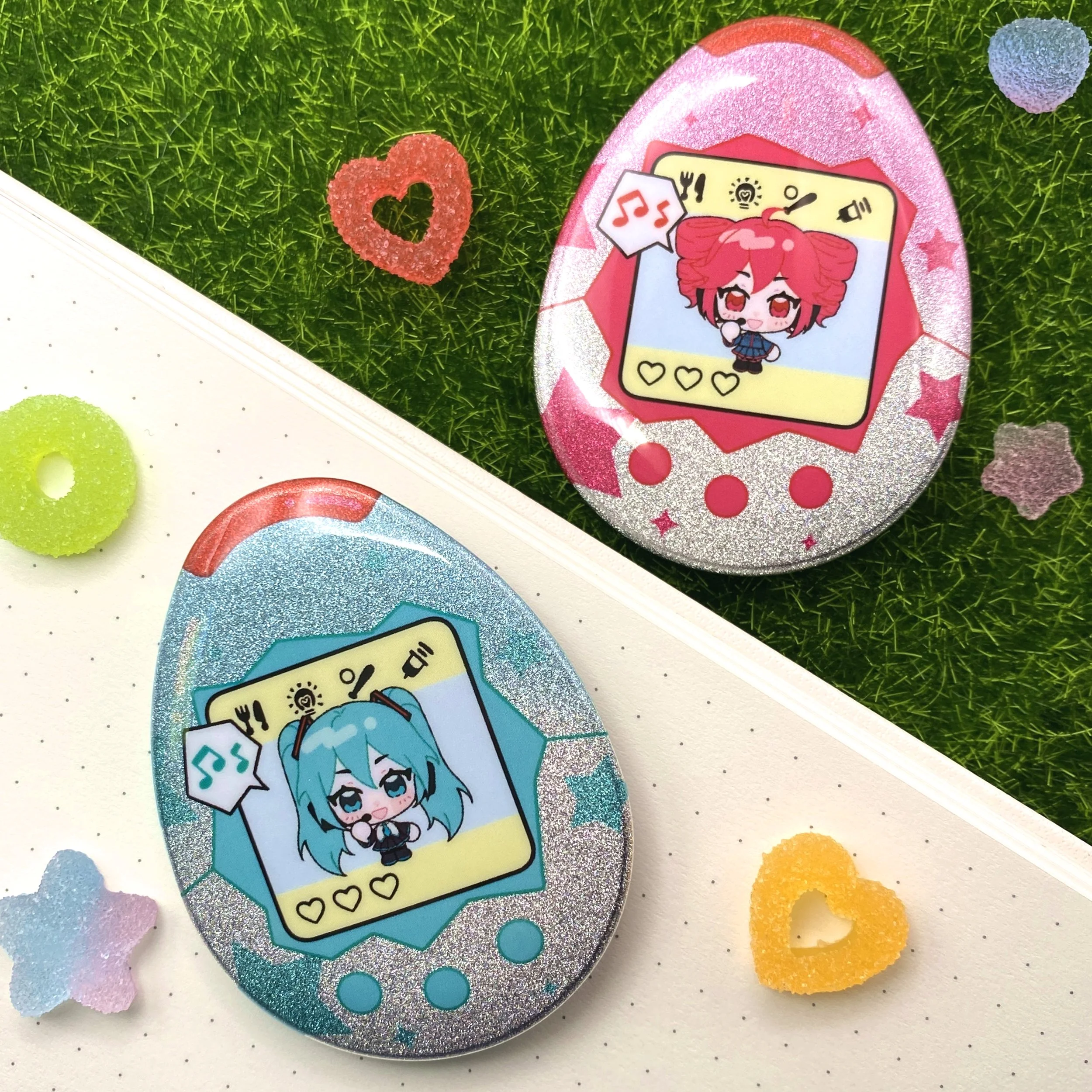 Miku and Teto Tamagotchi Glitter Pinback Buttons