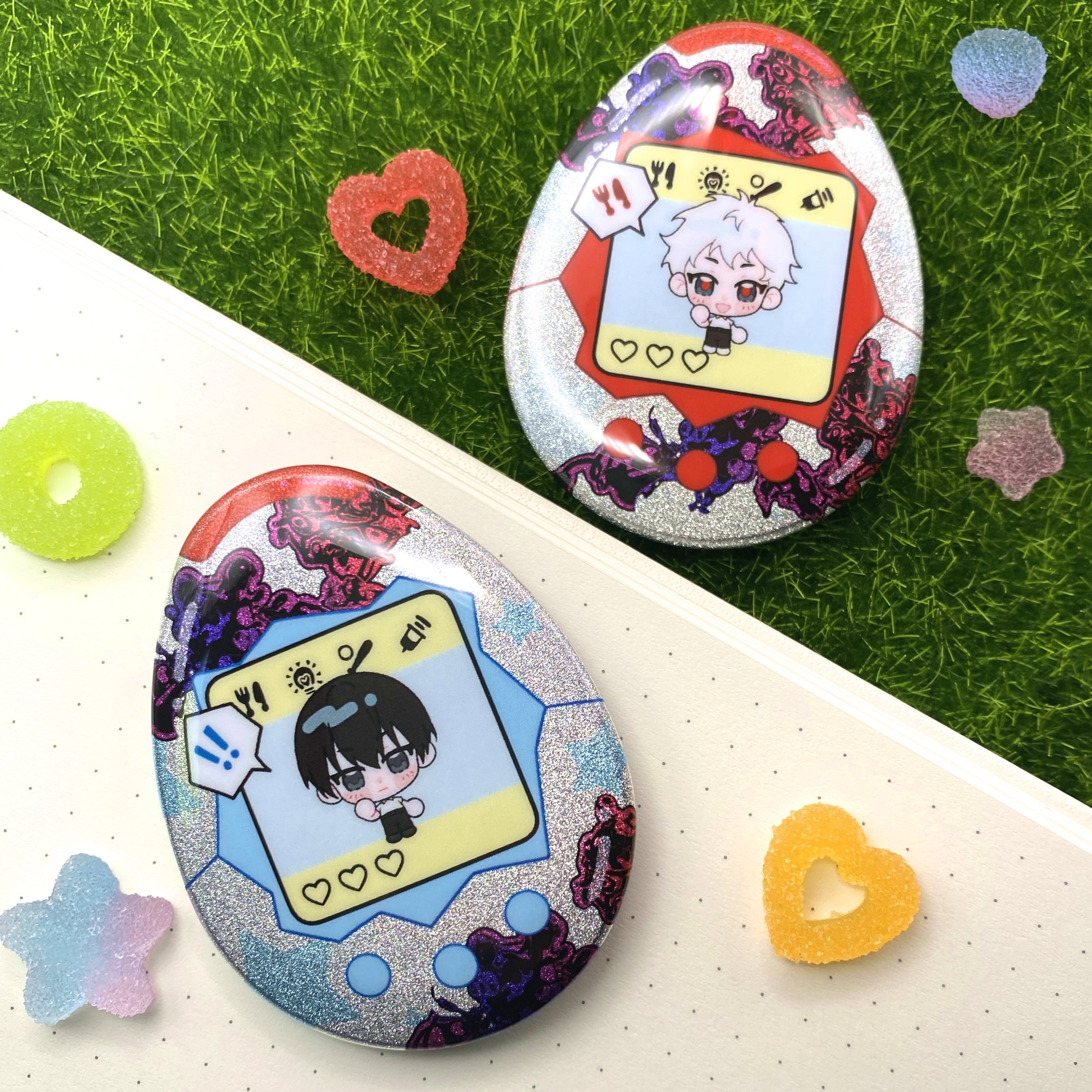 Hikaru and Yoshiki Tamagotchi Glitter Pinback Buttons
