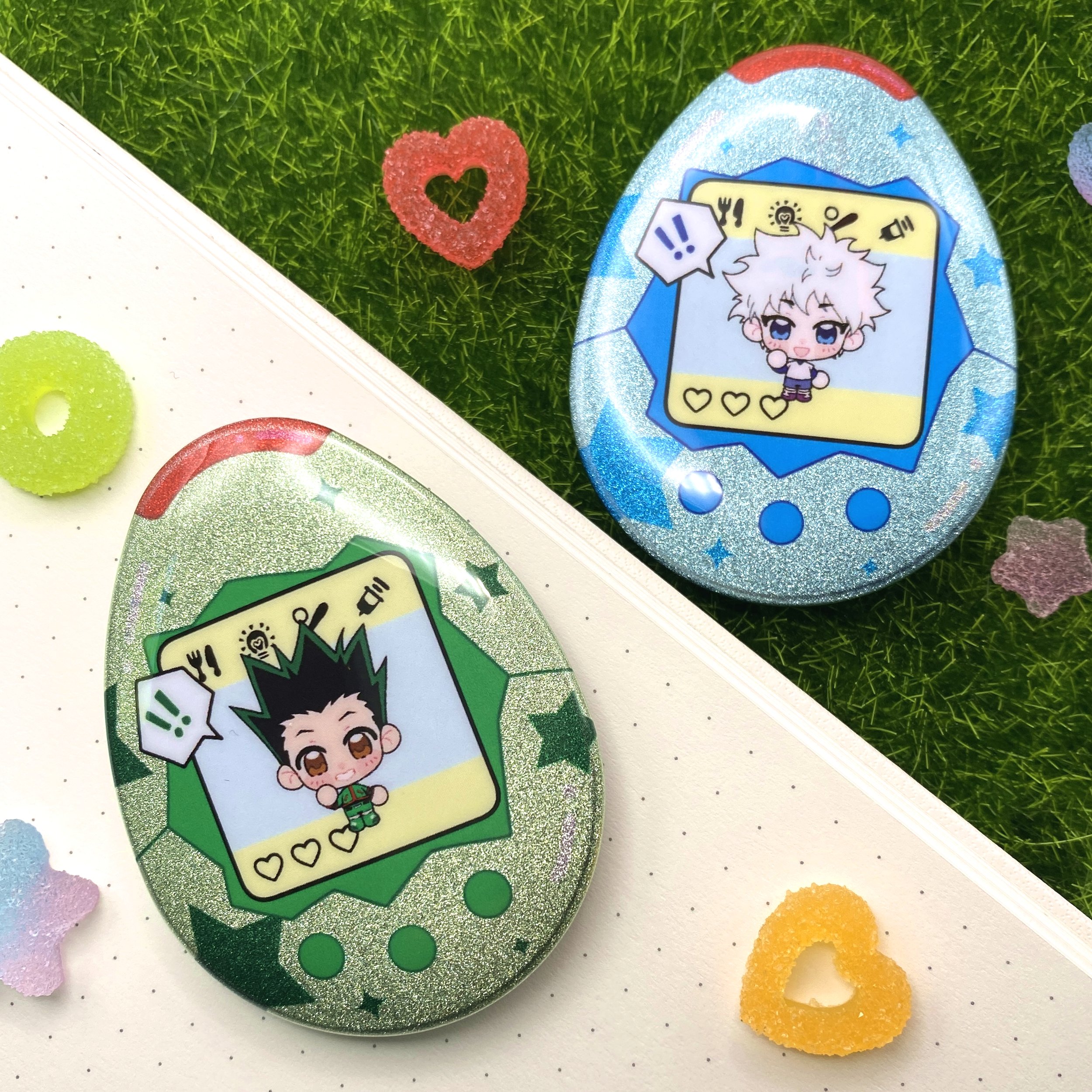 Gon and Killua Tamagotchi Glitter Pinback Buttons