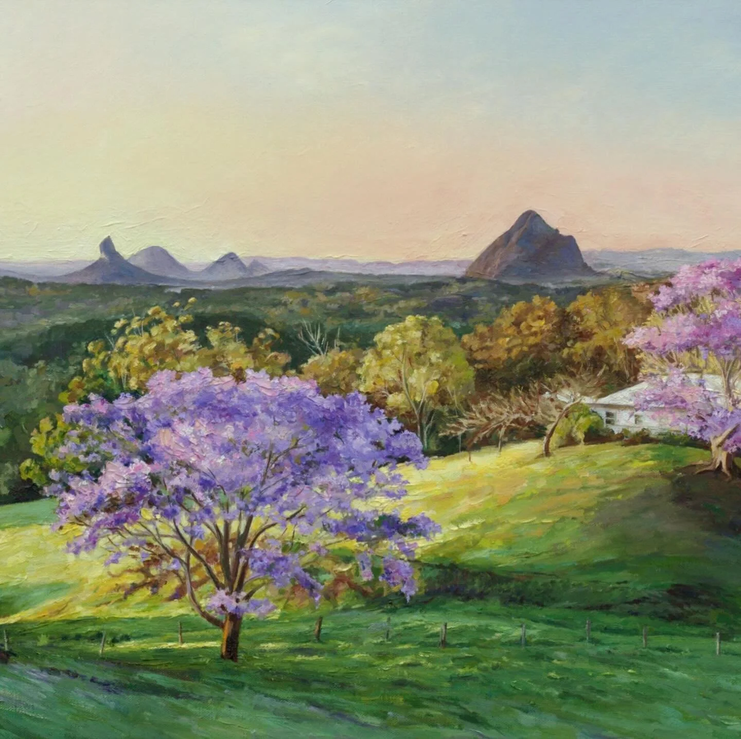 A perfectly timed painting by @mariavasilenko.com.au 

The jacarandas are out, so it must mean students are in exams 💜💜💜

How homely is this artwork? We love it!
#healingceilings #lookup #tellastory #jacarandas #hope