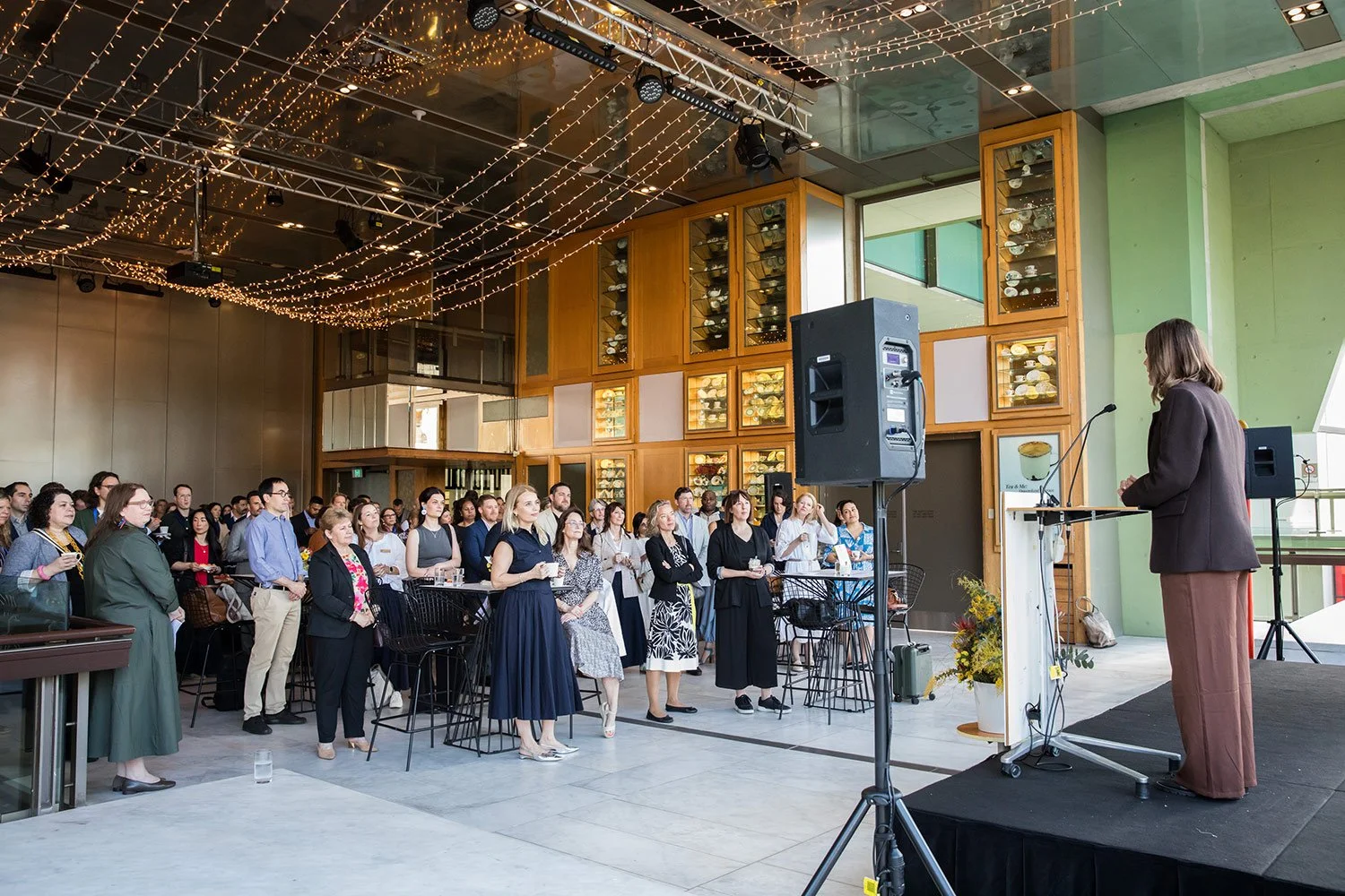 Guests listening to a presentation at the Minderoo Foundation Partners & Friends Breakfast at the State Library of Queensland.