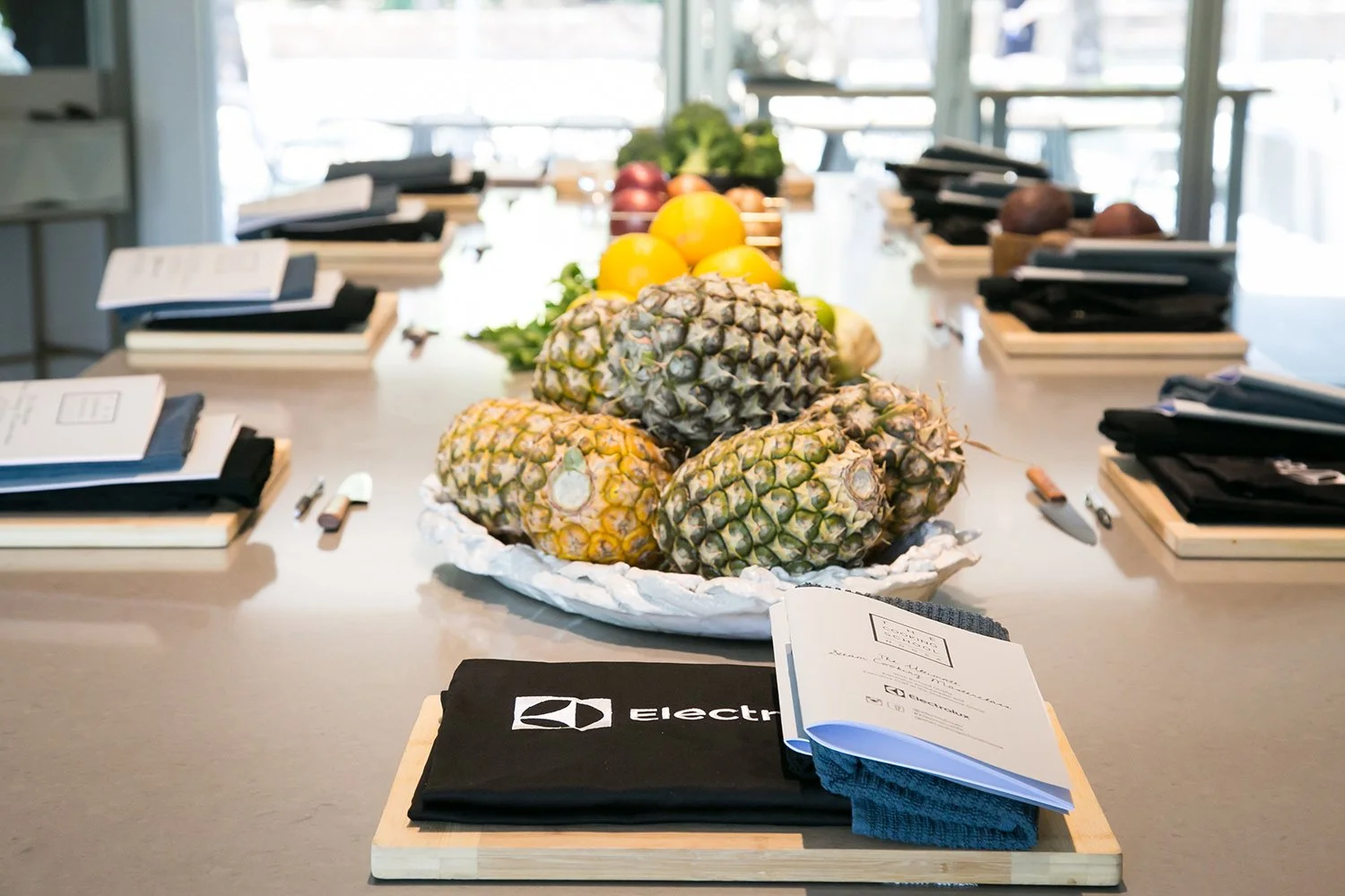 Detail of food preparation stations at cooking class