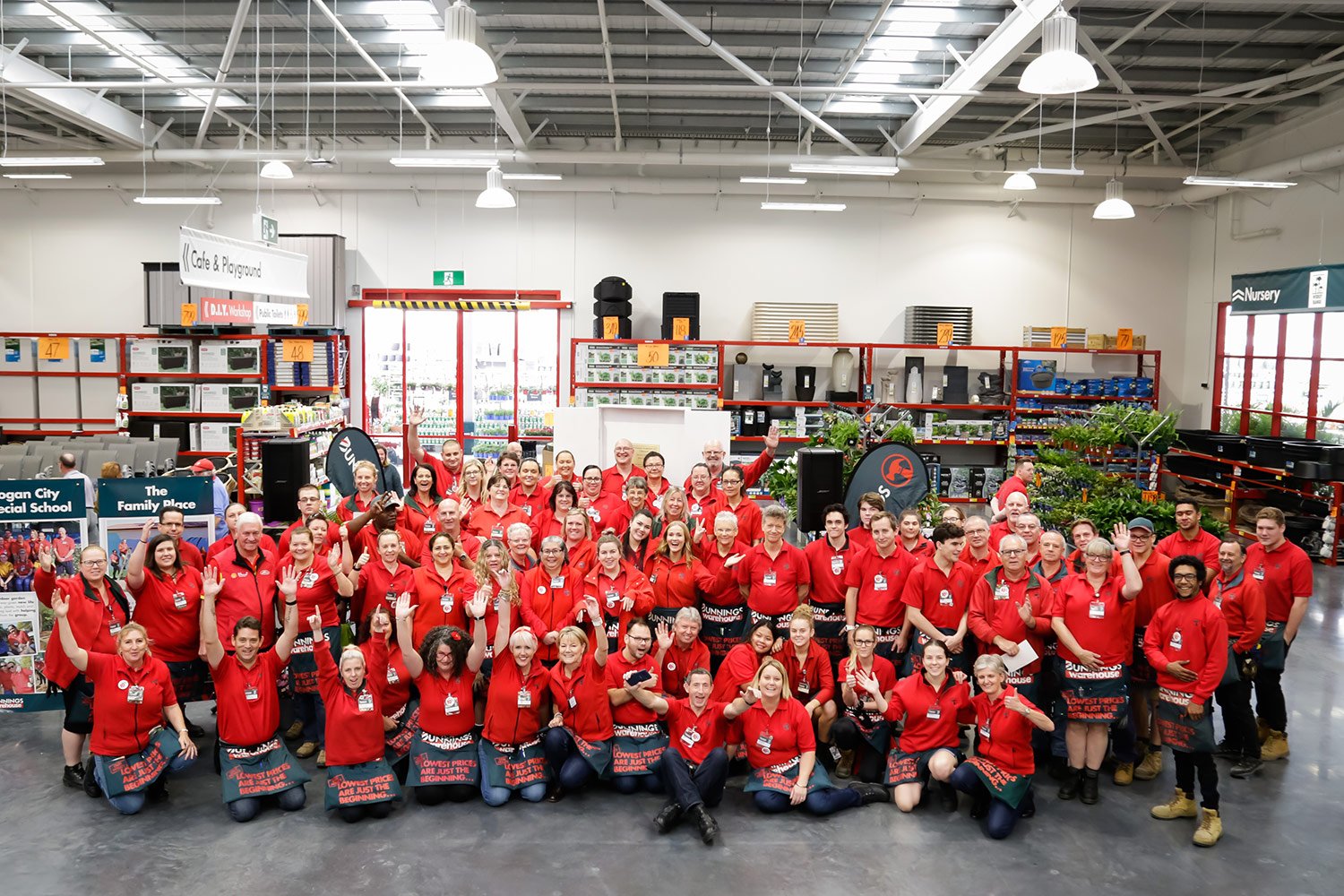 Large group photo of staff at Bunnings opening event
