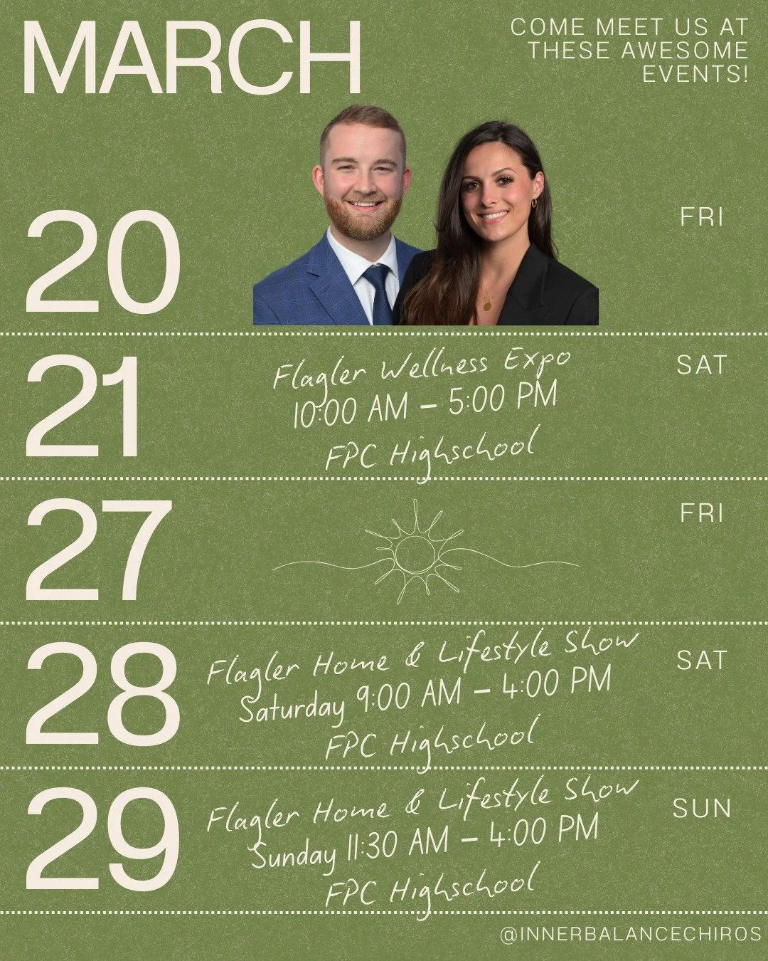🌿 Come See Us at These March Community Events! 🌿

We love connecting with our community outside the office, and this March you&rsquo;ll have two opportunities to meet us in person!

⭐ Flagler Wellness Expo
🗓 March 21st | 10AM&ndash;5PM
📍 FPC High
