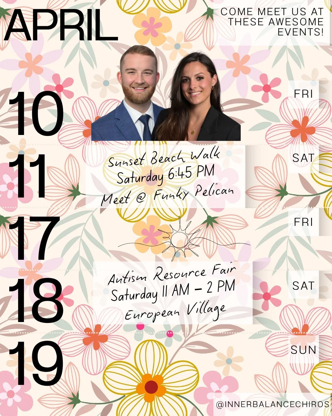 🌿 Come See Us at These April Community Events! 🌿

We love connecting with our community outside the office, and this April you&rsquo;ll have a few opportunities to meet us in person!

⭐ Sunset Beach Walk 
🗓 Saturday April 11th | 6:45 PM
📍 Meet at