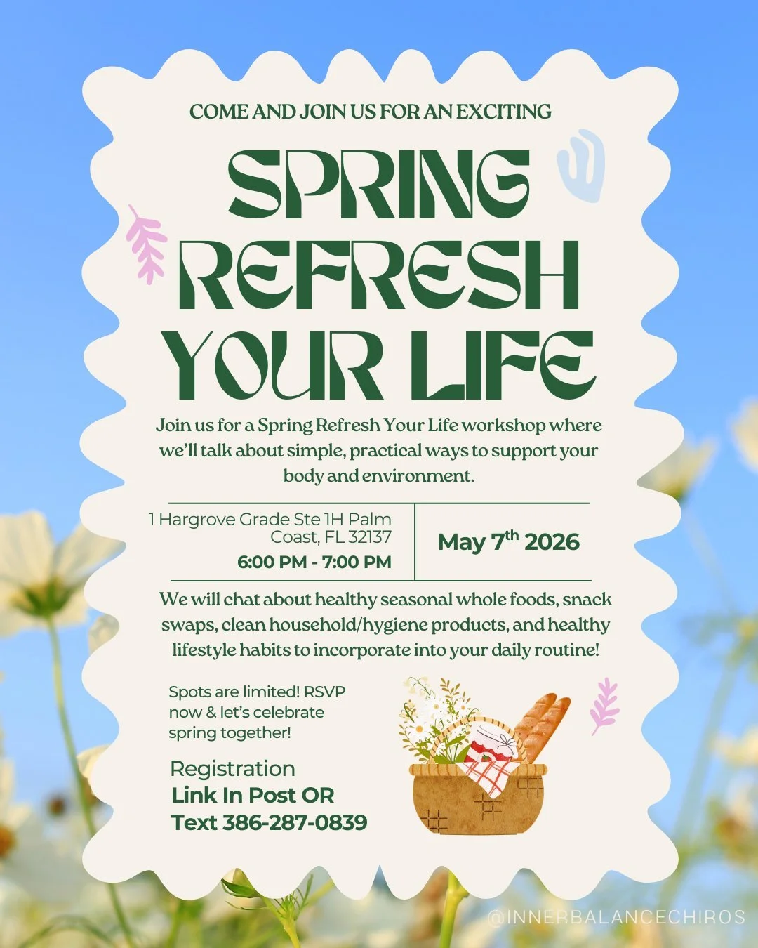 🌿 Spring Refresh Your Life Workshop 🌿
📅  Thursday, May 7th, 2026 6:00 PM - 7:00 PM
👨&zwj;👩&zwj;👧&zwj;👦 Open to everyone! 

Spring is the perfect time to refresh your habits and reduce everyday toxins that can impact your health.

Join us for a