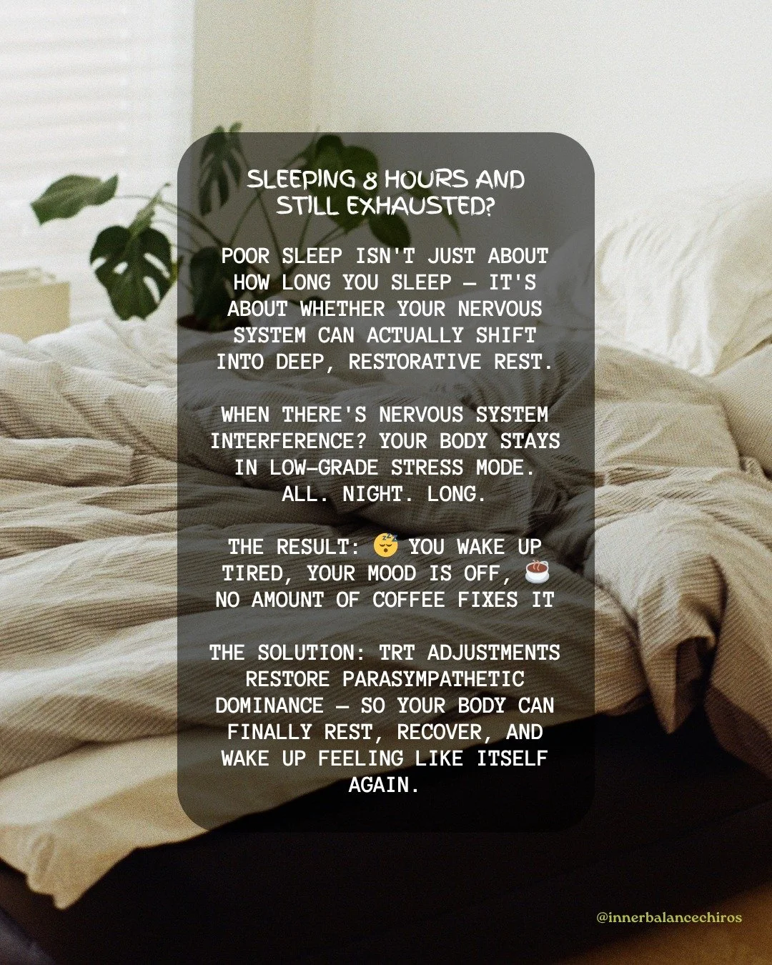 Sleep, Mood &amp; Your Spine

If you're sleeping 7-8 hours and still waking up exhausted &mdash; your nervous system might be why.
😴

Here's something we talk about with patients constantly: poor sleep isn't always about how long
you sleep. It's abo