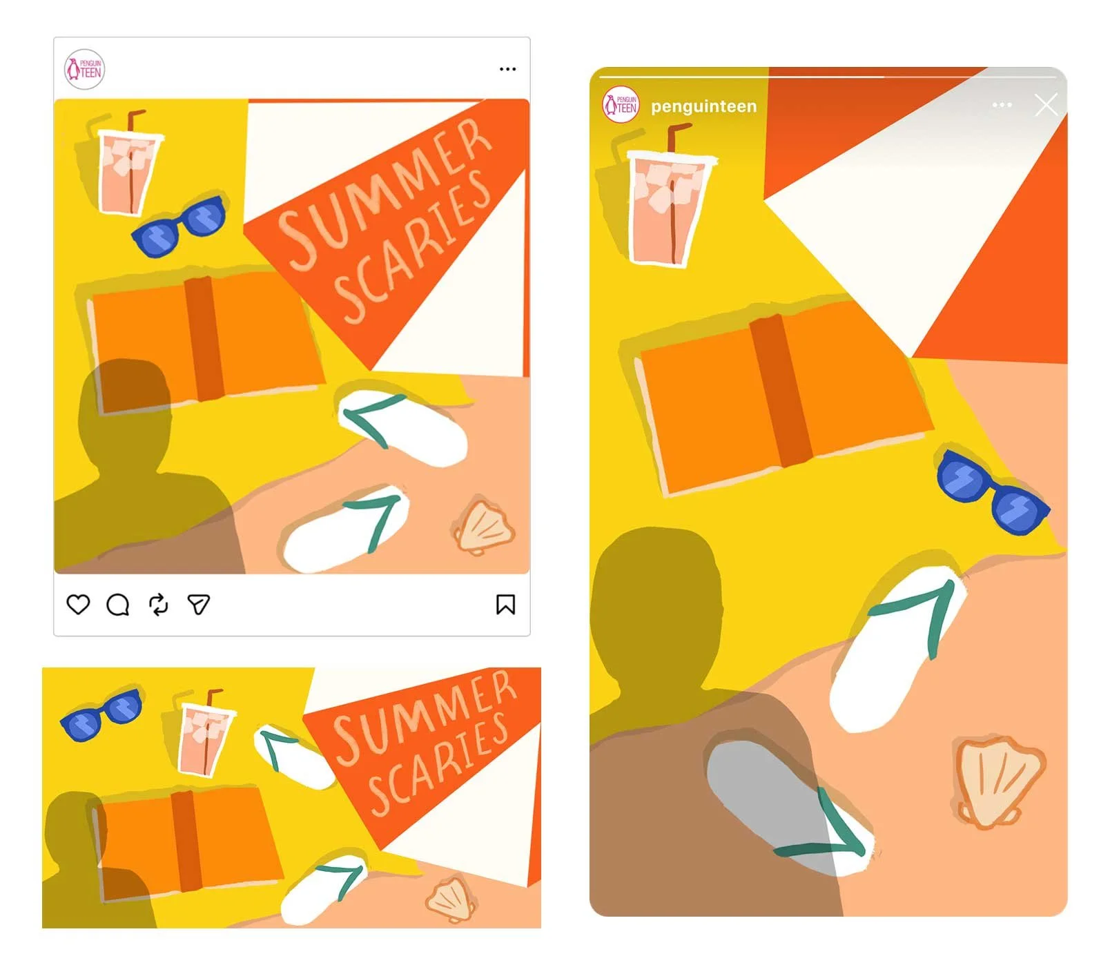 Illustration of an arial view of a sinister human shadow standing over a beach umbrella and towel, on which is an iced drink, sandals, sunglasses, and in the middle is an orange open book face-down, and the words 'Summer Scaries'.