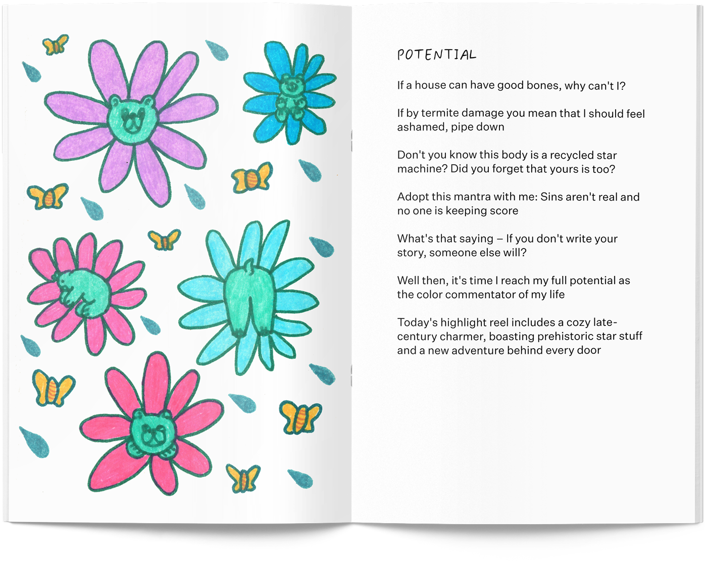 The third spread from This Way to the Garden, a zine by Delaney Gibbons, featuring her poem "Potential"