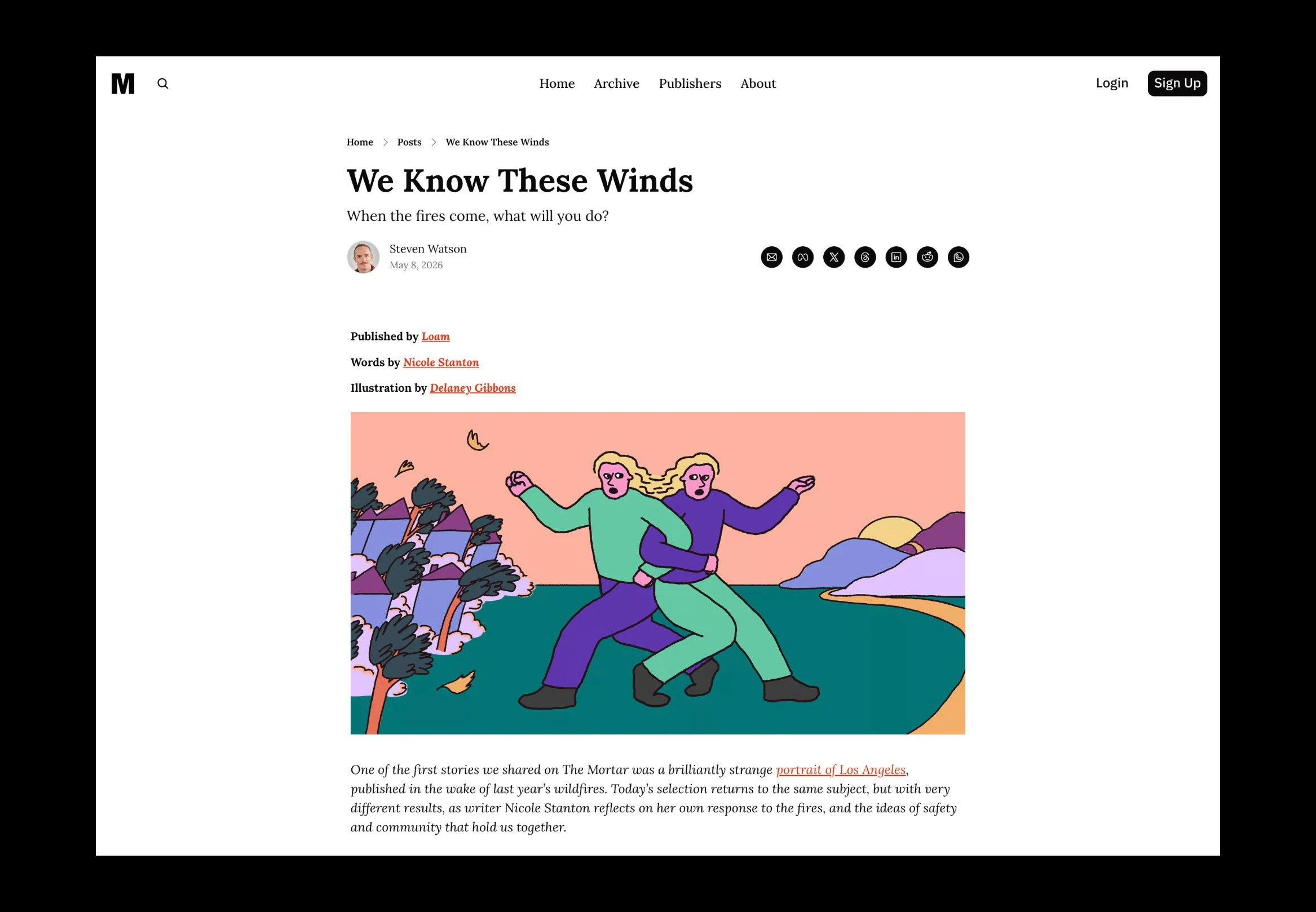 A screenshot of the Mortar Mag website with Delaney's illustration in situ along with the article "We Know These Winds" written by Nicole Stanton