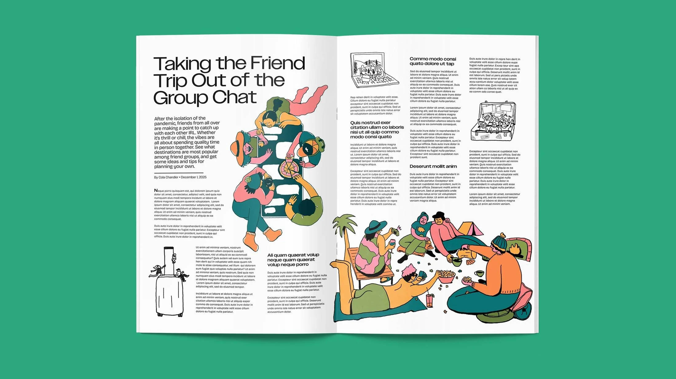 Open magazine spread featuring an imagined article titled "Taking the Friend Trip Out of the Group Chat" with illustrations