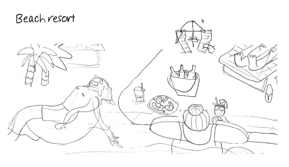 Sketch of a beach resort scene with a person relaxing on a float, palm trees, a table with drinks and snacks, a pumpkin, and a person lying on a lounge chair.