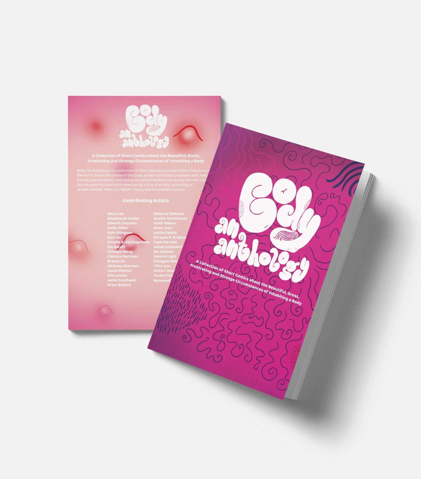 A book cover with "Body: An Anthology" in large, white, playful font on a pink background, and below it is the book's lighter pink back cover listing the names of artists in the book.