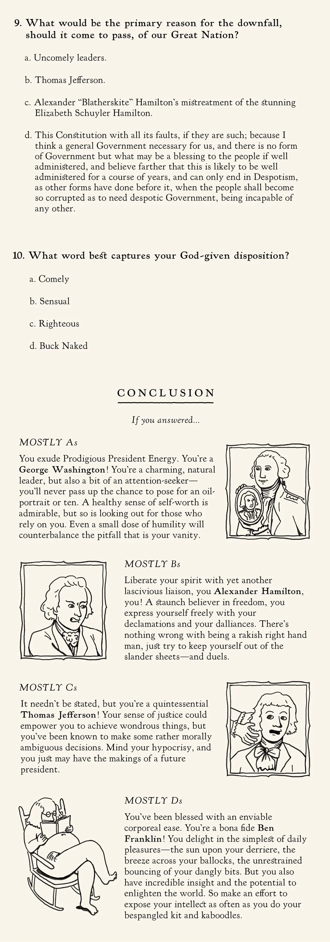 Questions 9 and 10, plus the results for the quiz, Which Founding Father Are You?