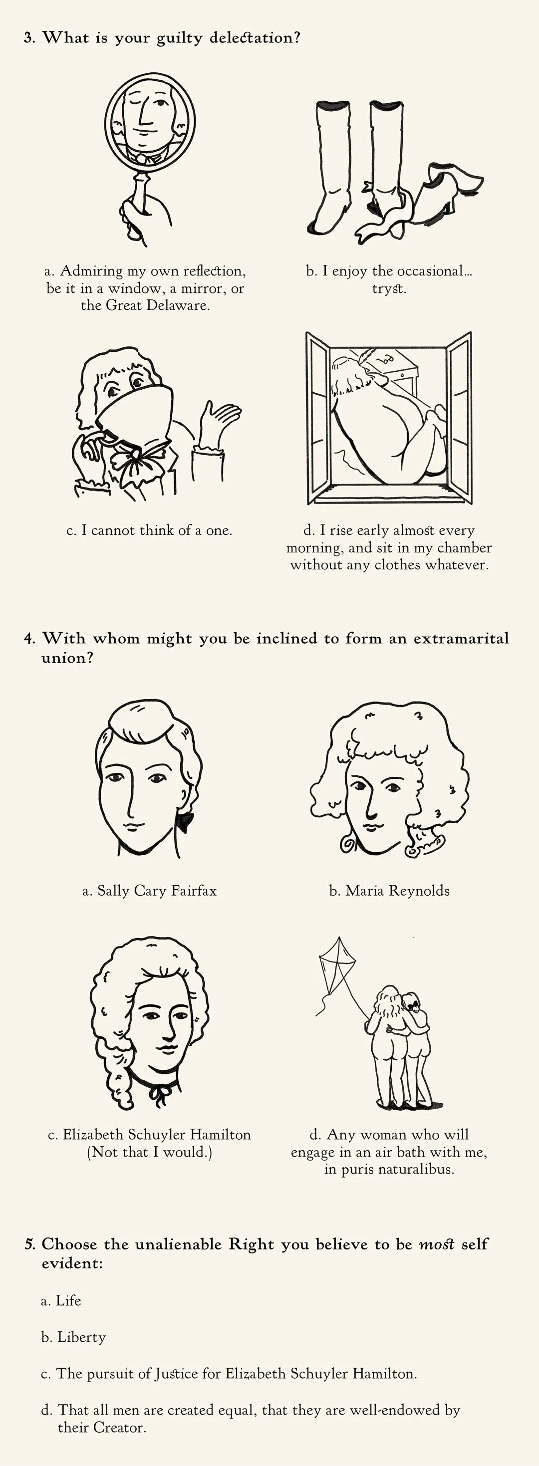 Questions 3, 4, and 5 of the humor quiz "Which Founding Father Are You?"