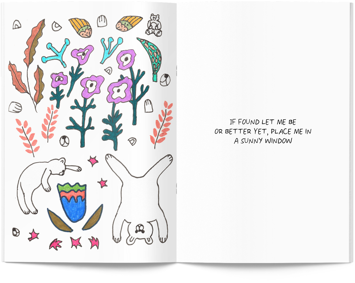 The first spread from This Way to the Garden, a zine by Delaney Gibbons, with a colorful drawing on the left page, and short handwritten text on the right