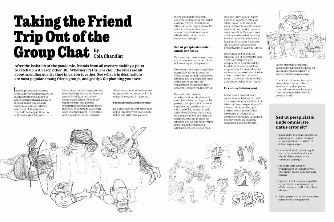 Magazine page with the title "Taking the Friend Trip Out of the Group Chat" by Cola Chandler. The page contains several sections of placeholder text and various sketched illustrations of friends outdoor activities like camping, sitting by a campfire, and relaxing outside, all in a minimal line drawing style.