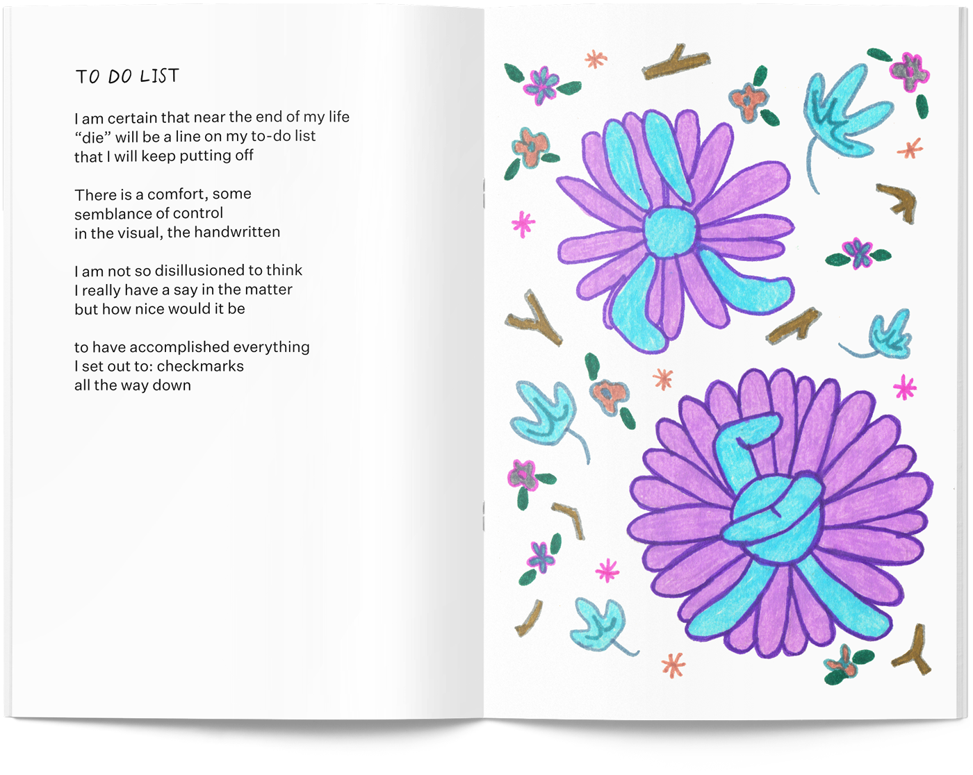 The seventh spread from This Way to the Garden, a zine by Delaney Gibbons, featuring her poem "To Do List"