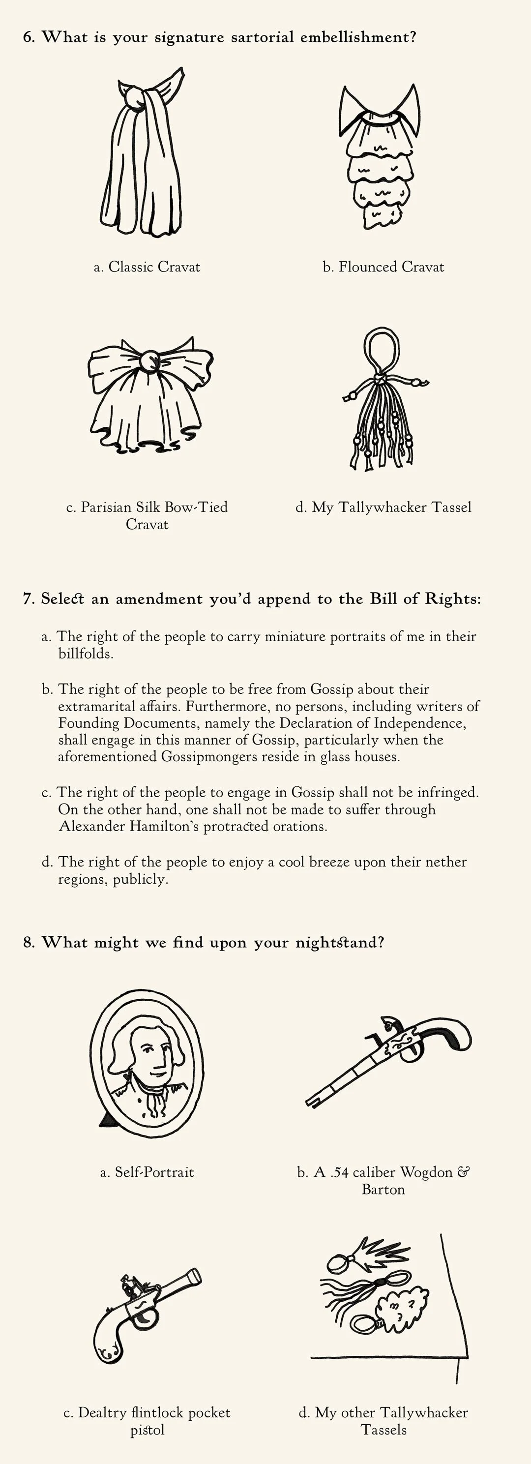 Questions 6 through 8 of the humor quiz, Which Founding Father Are You?