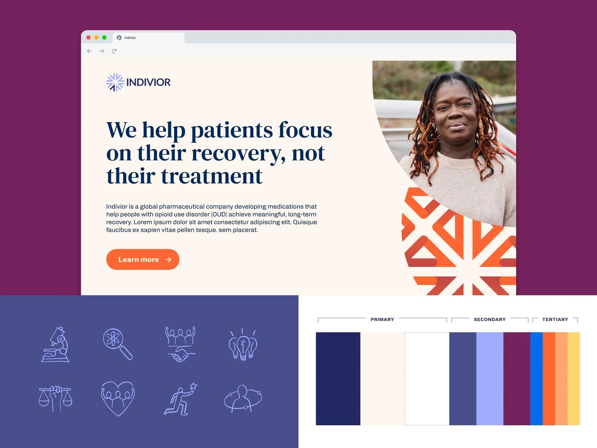 A mockup of the new Indivior homepage, with two blocks below it showing the new illustrated icons and expanded color palette.