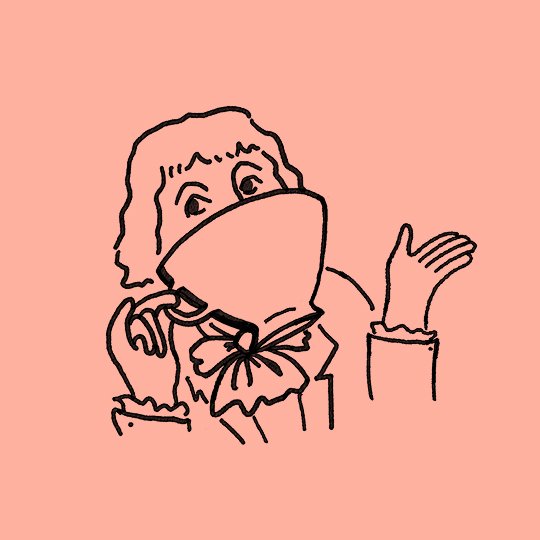 Humorous cartoon line drawing of Thomas Jefferson holding a giant cup of tea, wearing a fancy neck cravat, against a coral colored background.