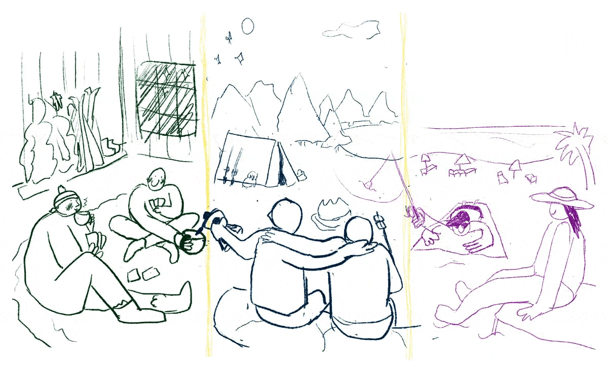 A sketch of three scenes: a cozy indoor room with three people drinking and chatting, a campsite with two people looking at mountains and tents, and a beach scene with two women relaxing and swimming, one under a large sunhat and the other in a hammock.